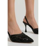 Fox Shoes Siyah File Pullu İşlemeli İnce Topuklu Ayakkabı, 40, Y7264936, Siyah-File, Kadın