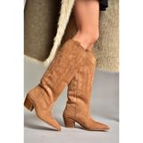 Fox Shoes T267765202 Taba Süet Kadın Kovboy Model Çizme Kalın Topuklu Orta Yükseklik 7 cm