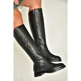 fox SHOES T973600609 Siyah Düz Taban Kadın Çizme, Siyah-Suni Deri, 36