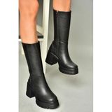 fox SHOES T973790109 Siyah Kalın Topuklu Kadın Çizme, Siyah-Suni Deri, 37