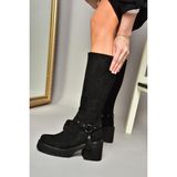 Fox Shoes T996224002 Siyah Süet Kalın Topuklu Kadın Çizme