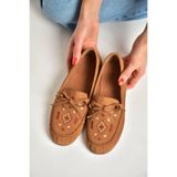 Fox Shoes Taba Süet Renkli Motif İşlemeli Babet, 38, Y9960731, Taba-Süet, Kadın