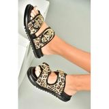 fox SHOES U725792017 Siyah Leopar Hasır Terlik, Siyah Leopar-Hasır, 36