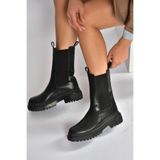fox SHOES V652549009 Siyah Kalın Tabanlı Lastik Detaylı Kadın Bot, Siyah-Suni Deri, 36