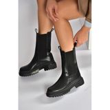 fox SHOES V652549009 Siyah Kalın Tabanlı Lastik Detaylı Kadın Bot, Siyah-Suni Deri, 37