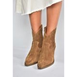 fox SHOES V654081902 Taba Hakiki Deri Süet Kalın Topuklu Western Kovboy Kadın Bot, Taba-Süet, 40