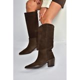 fox SHOES V654082102 Kahverengi Hakiki Deri Süet Kalın Topuklu Kadın Çizme, Kahverengi-Süet, 38
