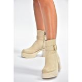 fox SHOES V726446602 Bej Süet Kalın Topuklu Kadın Bot, Bej-Süet, 39