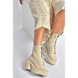 fox SHOES V726681509 Bej Kalın Topuklu Bağcıklı Kadın Bot, Bej-Suni Deri, 39