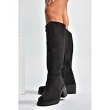 fox SHOES V726800202 Siyah Süet Kalın Topuklu Klasik Kadın Çizme, Siyah-Süet, 38