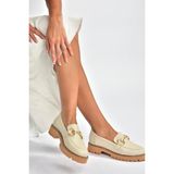 Fox Shoes V944082303 Bej Hakiki Deri Kalın Taban Tokalı Makosen Günlük Ayakkabı