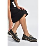 Fox Shoes V944082303 Siyah Hakiki Deri Kalın Taban Tokalı Makosen Günlük Ayakkabı