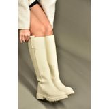 fox SHOES V973555509 Bej Düz Tabanlı Kadın Binici Çizmesi, Bej-Suni Deri, 40