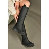 fox SHOES V973555509 Siyah Düz Tabanlı Kadın Binici Çizmesi, Siyah-Suni Deri, 37