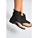 Fox Shoes Y250470102 Siyah Süet Parmak Arası Püskül Detaylı Kadın Sandalet