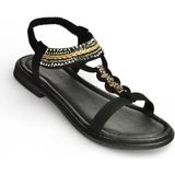 Fox Shoes Y274601309 Siyah Düz Tabanlı Taş Detaylı Kadın Sandalet