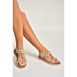 Fox Shoes Y274801409 Bej Düz Tabanlı Renkli Taş Detaylı Kadın Sandalet