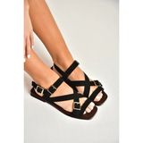 Fox Shoes Y458702602 Siyah Süet Toka Detaylı Kadın Sandalet