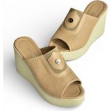 Fox SHOES Y555250703 Bej Hakiki Deri Dolgu Topuklu Kadın Terlik, 38