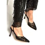 Fox Shoes Y726462415 Siyah File Boncuk Işlemeli Ince Topuklu Kadın Ayakkabı