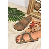 Fox Shoes Yeşil Süet Parmak Arası Kadın Terlik K777613402