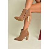Fox Shoes Z654047961 Vizon Hakiki Deri Süet Kalın Topuklu Kadın Bot