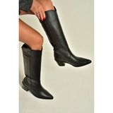 Fox Shoes Z654182303 Siyah Hakiki Deri Kalın Topuklu Kovboy Model Kadın Çizme