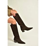 Fox Shoes Z654182361 Kahverengi Hakiki Deri Süet Kalın Topuklu Kovboy Model Kadın Çizme