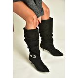 Fox Shoes Z726105702 Siyah Süet Ince Topuklu Büzgülü Kadın Çizme