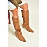 Fox Shoes Z726105702 Taba Süet Ince Topuklu Büzgülü Kadın Çizme