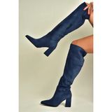 Fox Shoes Z752123202 Lacivert Süet Kalın Topuklu Kadın Çizme