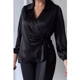 FOXY Freaky Collection Siyah Saten Kruvaze Yaka Yandan Bağlamalı Gömlek Bluz Oversize