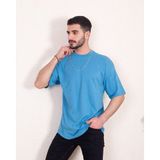 Franco Renzo Erkek Oversize Fit Organik Pamuk Kalın Dokulu Bisiklet Yakalı Mavi T-Shirt