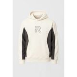 Frank Parçalı Kontrast Desenli Kapüşonlu Oversize Cepli Polar Erkek Sweatshirt - Ekru