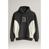 Frank Parçalı Kontrast Desenli Kapüşonlu Oversize Cepli Polar Erkek Sweatshirt - Füme