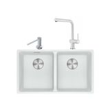 Franke Maris MRG 120-35-35 Bianco Granit Eviye + Active Plus Doccia 2.0 Armatür + Comfort Sıvı Sabunluk Üçlü Set