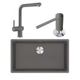 Franke MRG 110-72 Stone Grey Granit Eviye + Franke Active Plus Doccia 2.0 Stone Grey Spiralli Mutfak Bataryası + Franke Comfort Stone Grey Sıvı Sabunluk Seti