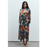 Frappant Saten Coloré Desenli Uzun Sabahlık/Kimono