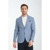 Frappoli Assente Erkek Lacivert - Mavi Keten Görünümlü Ekose Slim Fit Mono Yaka Spor Blazer Ceket - 48 - Lacivert-Mavi - 6 Drop