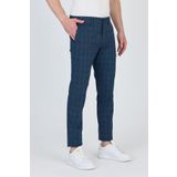 Frappoli Ecmio Erkek Lacivert Ekose Keten Görünümlü İnce İlkbahar-Yaz Slim Fit Pantalon