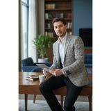 Frappoli Ferrucii Erkek Gri Ekose Battal Büyük Beden Dar Kesim Erkek Blazer Ceket