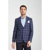 Frappoli Galileo Erkek Indigo Ekose Mono Yaka Slim Fit Spor Blazer Ceket - İndigo - 6 Drop - 58
