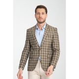 Frappoli Mario Erkek Koyu Lacivert Ekose Slim Fit Mono Yaka Spor Blazer Ceket - Bej - 6 Drop - 48