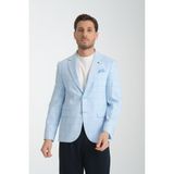 Frappoli Palmer Erkek Mavi Ekose Desenli Ketenkarışımlı Slim Fit Mono Yaka Blazer Ceket - 50 - 6 Drop