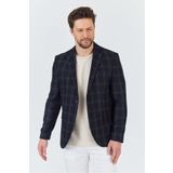 Frappoli Sarmue Erkek Koyu Lacivert Ekose Kareli Poliviskon Kumaş Slim Fit Dar Kesim Spor Blazer Ceket