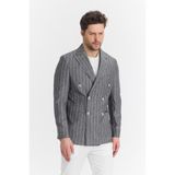 Frappoli Vitao Erkek Bej Italyan Çizgili Kruvaze Yarım Astarlı Slim Fit Spor Blazer Ceket - Siyah - 48 - 6 Drop