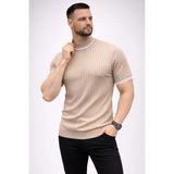 Freedom Erkek Fitilli Triko Dokuma Kısa Kol Tişört Yarım Boğaz Modern Yazlık T-Shirt - Bej - XL