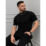 Freedom Erkek Fitilli Triko Dokuma Kısa Kol Tişört Yarım Boğaz Modern Yazlık T-Shirt - Siyah - XL