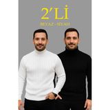 Freedom Fitilli Triko Kazak 2'li Set Beyaz Siyah Regular Balıkcı Yaka Tam Boğazlı Triko Seti Modeli Kazak