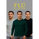 Freedom Fitilli Triko Kazak 3’lü Set – Gri, Haki, Siyah | Kalın Dokuma Pamuklu Regular Fit Bisiklet Yaka Uzun Kollu Kışlık ve Baharlık Rahat Triko Kombini - Siyah - Gri - Haki - 2XL